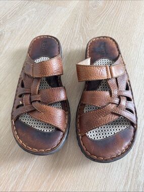 Born Brown Leather Slide Sandals